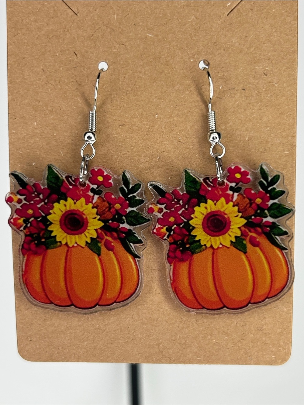 Autumn Pumpkin Floral Fall 2D Acrylic Dangle Earrings - Fashion Jewelry